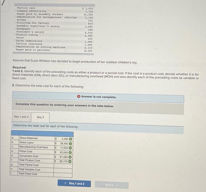 please complete missing answers: total period cost, total variable costs, total fixed