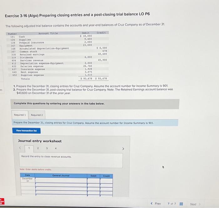  Exercise 3-16 (Algo) Preparing closing entries and a post-closing trial balance