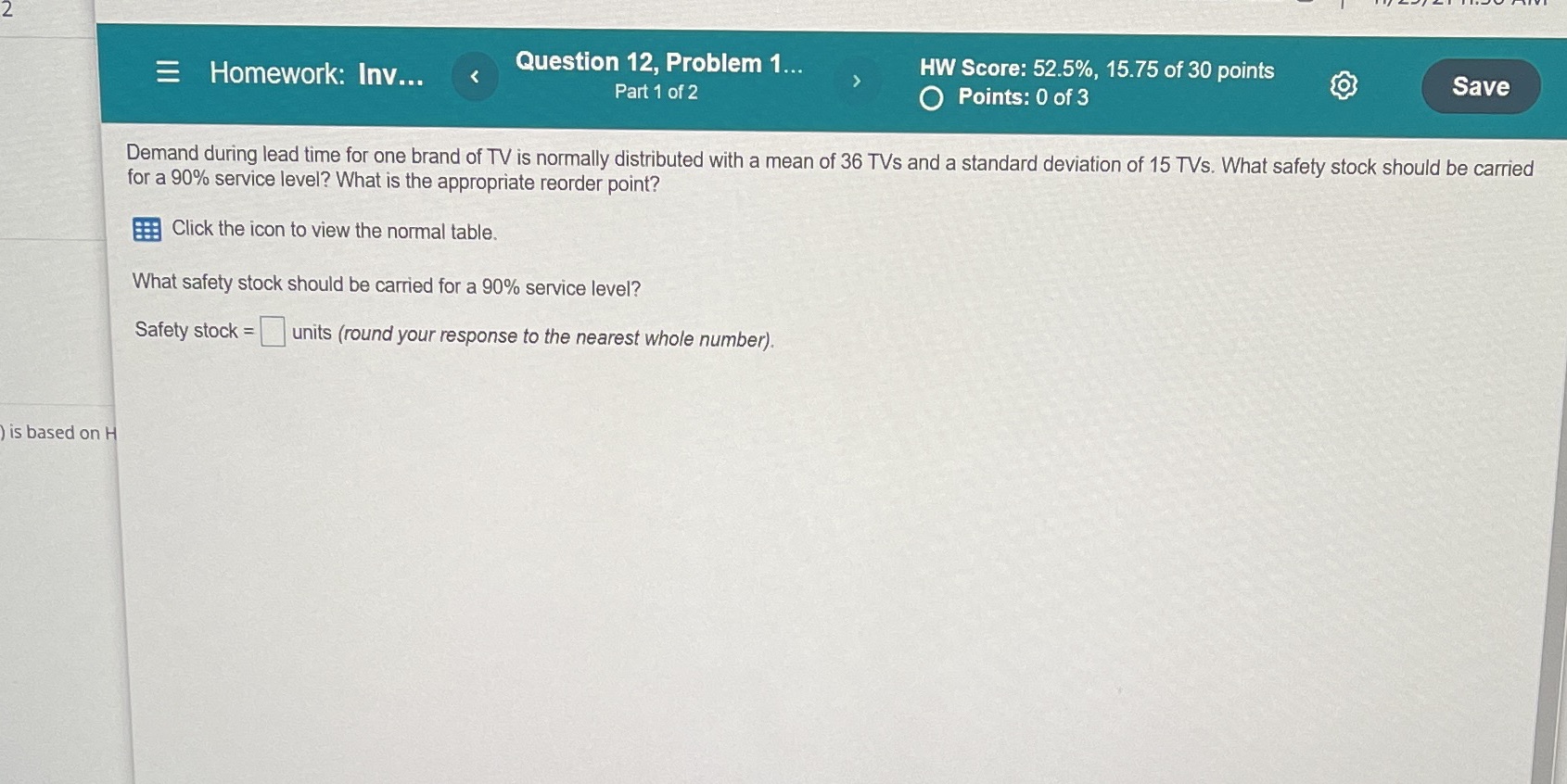 E Homework: Inv... Question 12, Problem 1... HW Score: 52.5%, 15.75