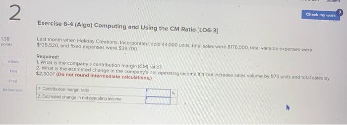 message 38 1 ints eBook Hint Print eferences Exercise 6-1 (Algo) The