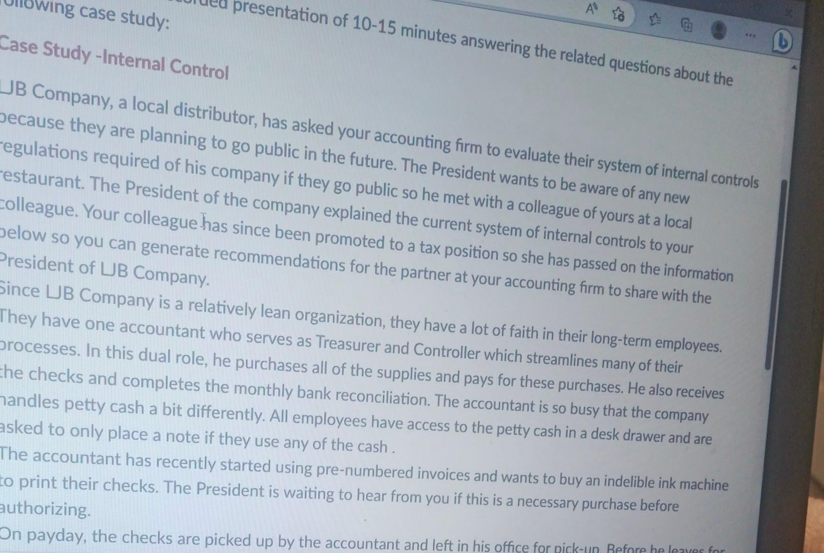case. ANSWER >| I Case Study -Internal Control JB Company, a local