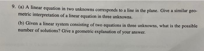  9. (a) A linear equation in two unknowns corresponds to a
