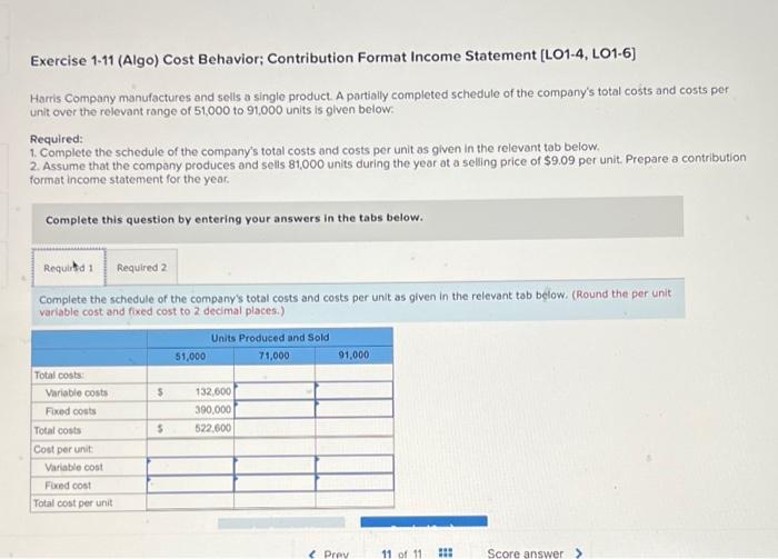 please help Exercise 1-11 (Algo) Cost Behavior; Contribution Format Income Statement [LO1-4,