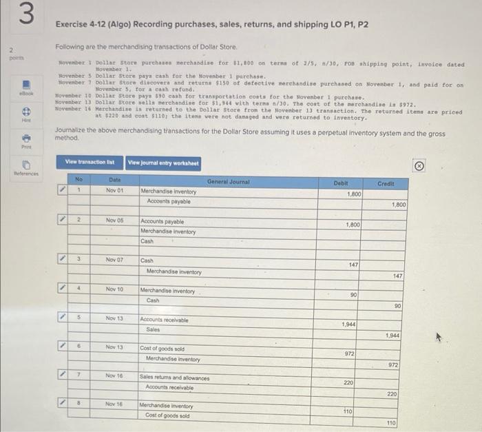 Need help with entry 2 and 3 3 Exercise 4-12 (Algo) Recording