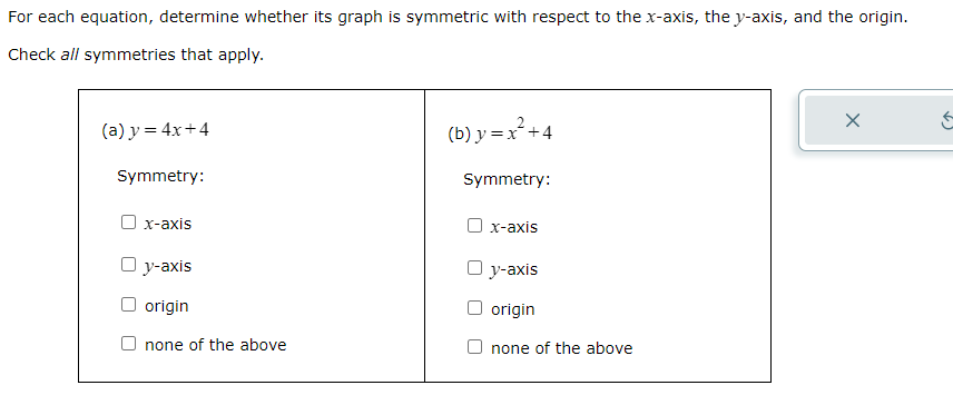  or each equation, determine whether its graph is symmetric with respect