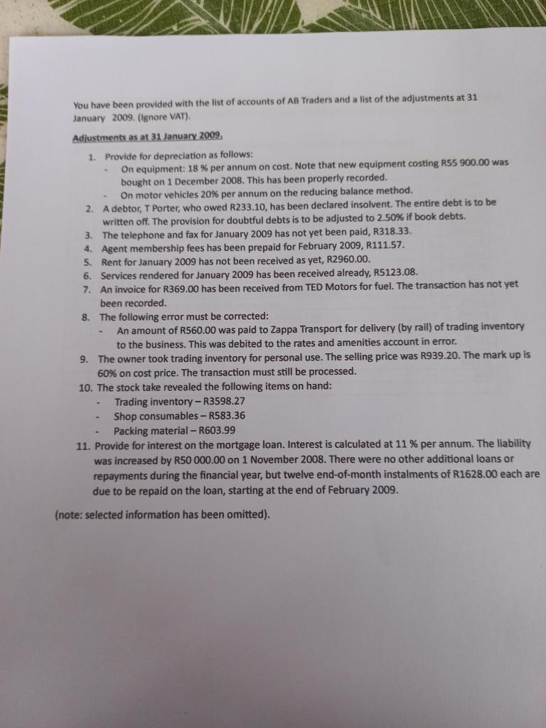 required calculations listed in Column A. All items listed are post-adjustment items.