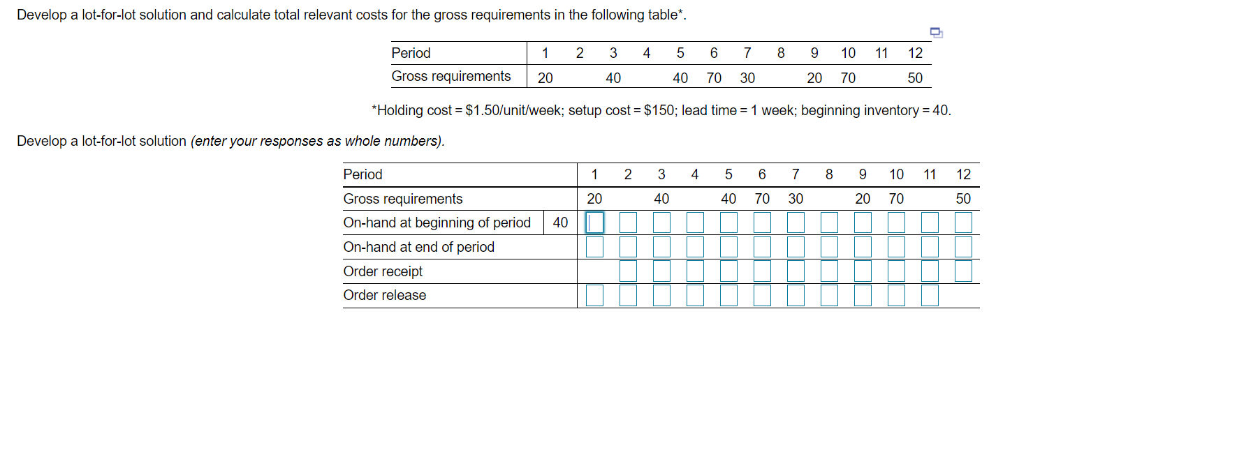 Please help me with this problem with an explanation. Develop a lotfor-lot