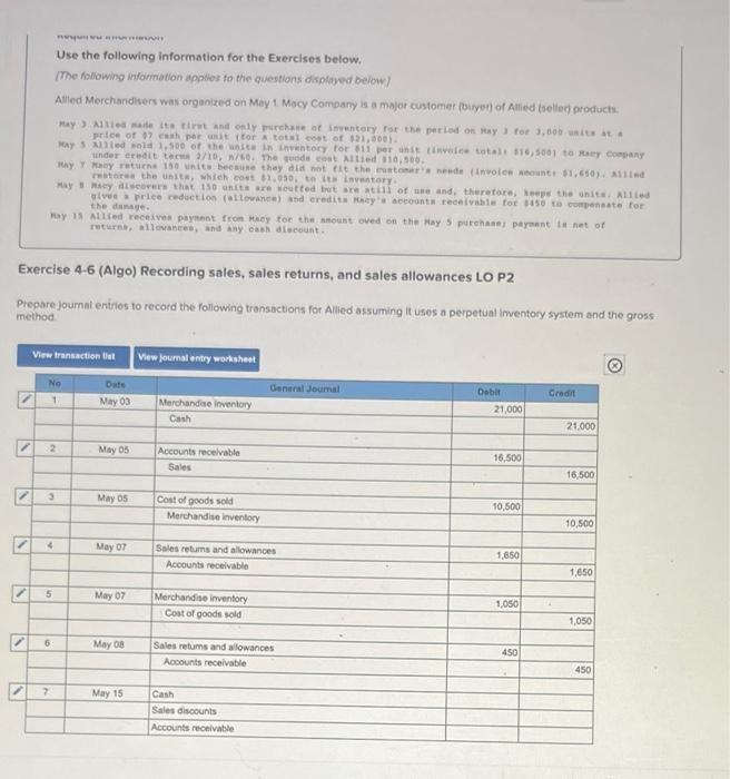 for the Exercises below. [The following information applies to the questions displayed