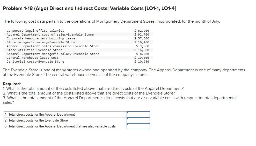  Problem 1-18 (Algo) Direct and Indirect Costs; Variable Costs [LO1-1, LO1-4]