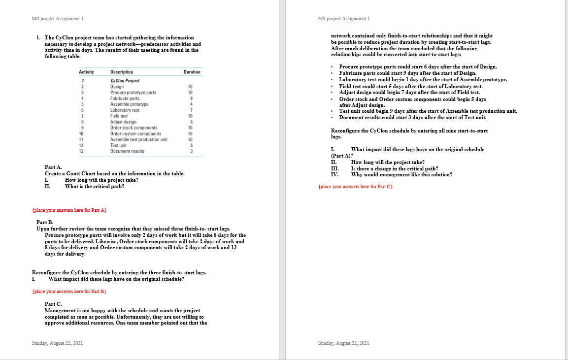  MS project Assignment 1 MS project Assignment 1 1. The CyClon