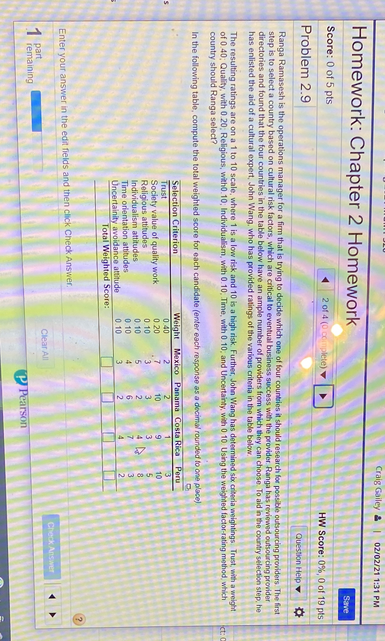 I need the total weight score rounded to one place Craig Gailey