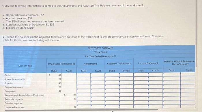 a though e complete sheet 1. Use the following information to complete