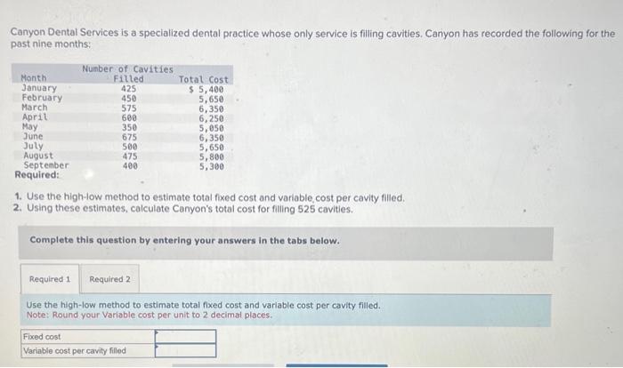 Help me find the fixed cost, variable fost per cavity filled qnd