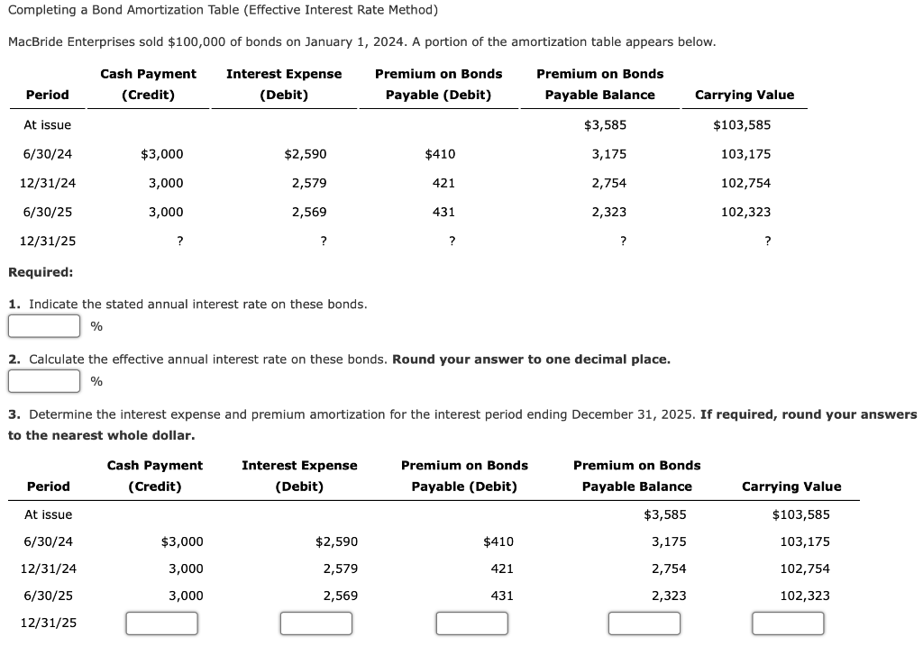 Completing a Bond Amortization Table (Effective Interest Rate Method) MacBride Enterprises