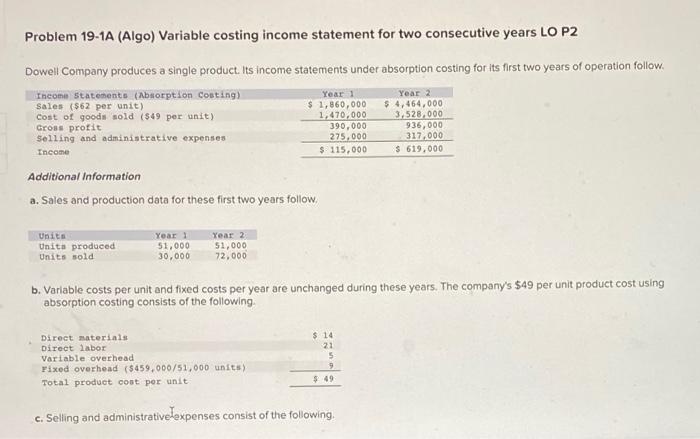 Help Please Problem 19-1A (Algo) Variable costing income statement for two consecutive