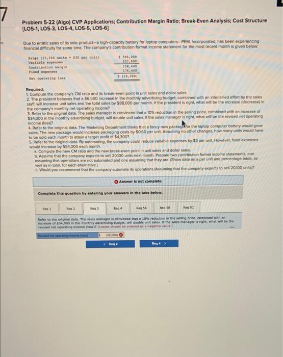 Req 3-5C 7 Problem 5-22 (Algo) CVP Applications: Contribution Margin Ratio: Break-Even