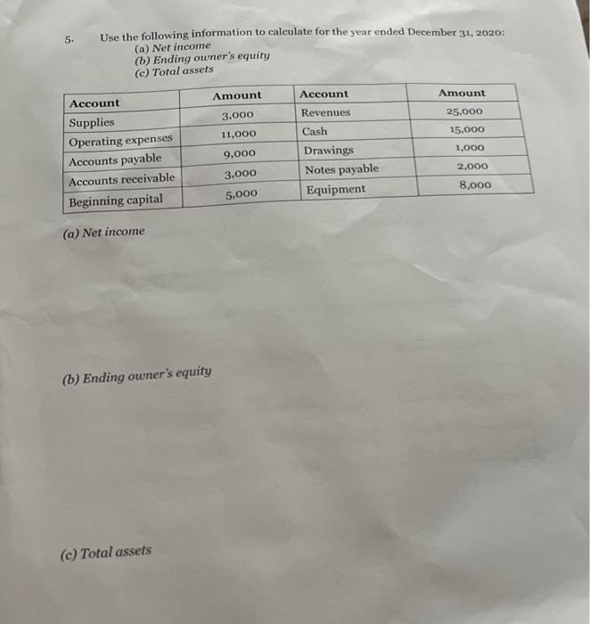 please answer asap show your work 5. Use the following information to