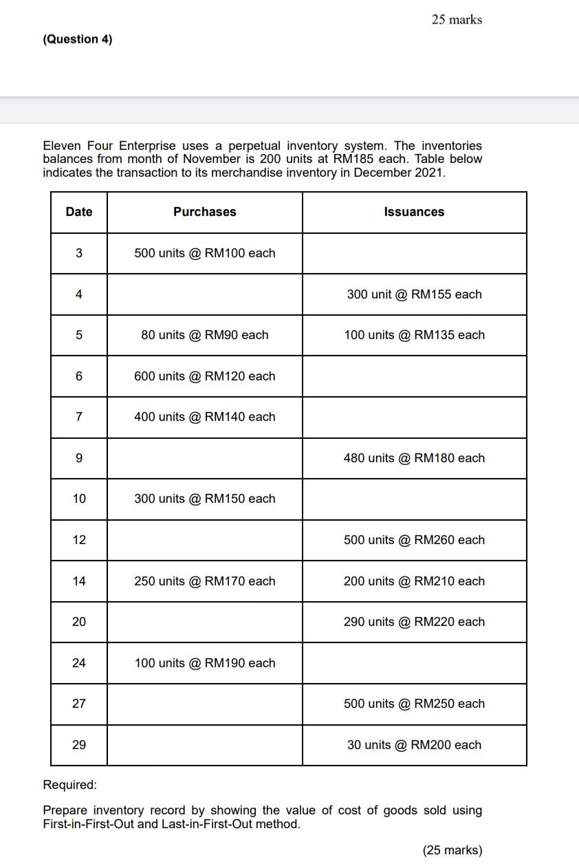 Answer Help please asap 25 marks (Question 4) Eleven Four Enterprise