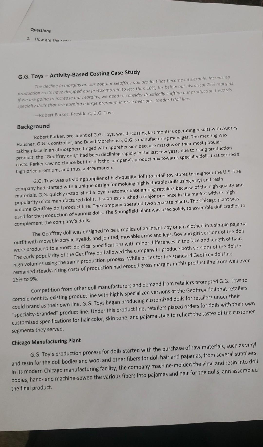 Questions 1. How are the MOH costs currently calculated for the Chicago