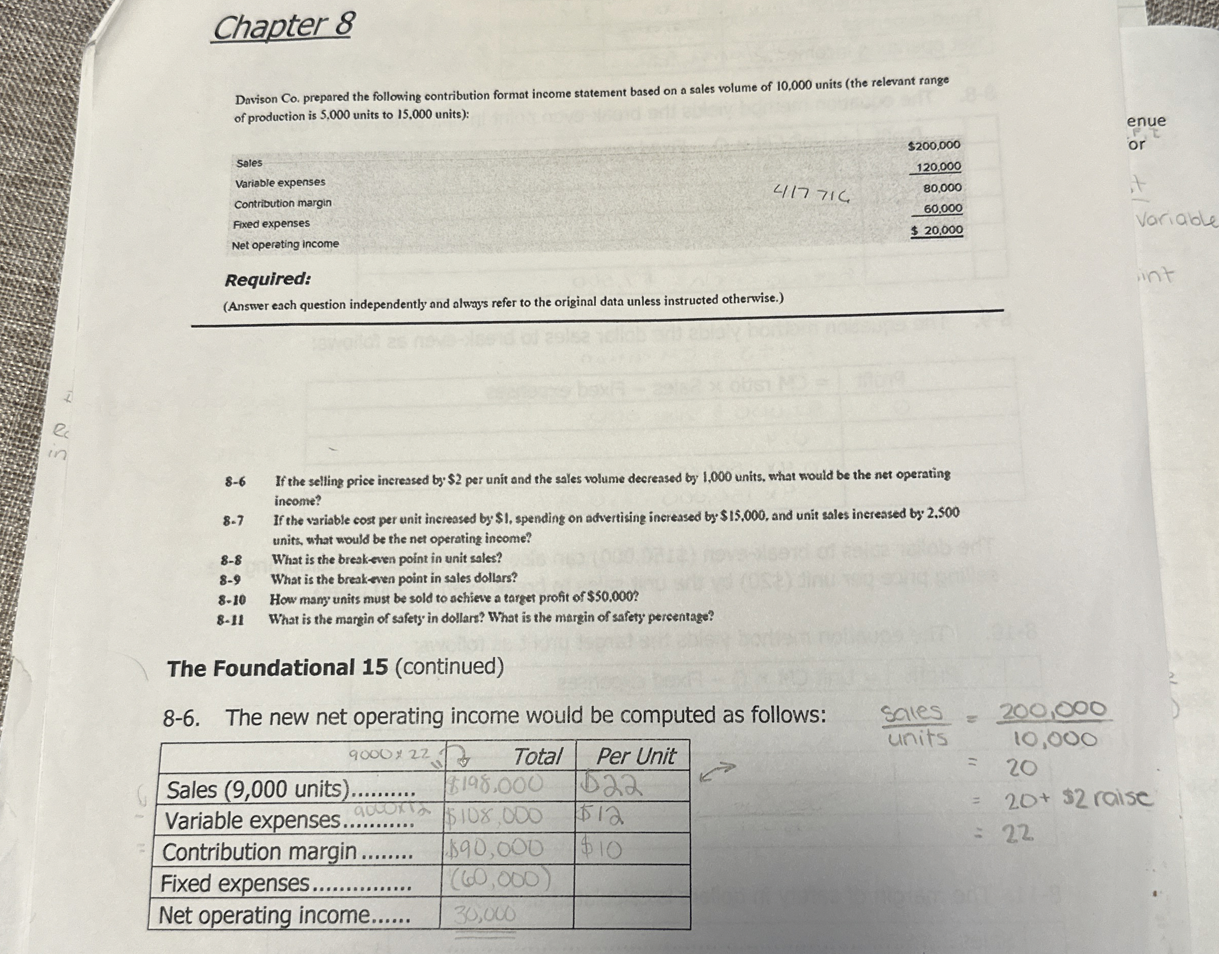  Chapter 8 Davison Co. prepared the following contribution format income statement