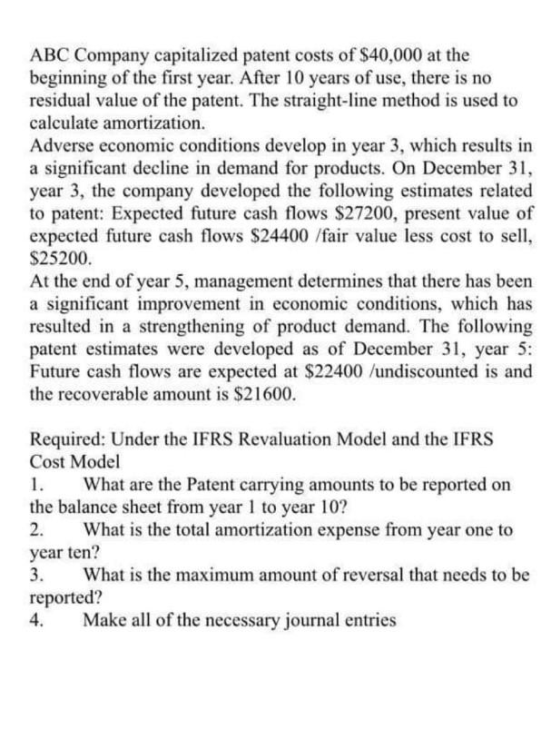 Please answer each question separately ABC Company capitalized patent costs of