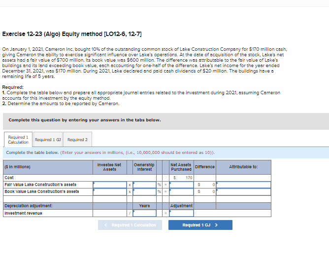 please complete required 1, REQUIRED 1GJ, REQUIRED 2 Exercise 12-23 (Algo) Equity