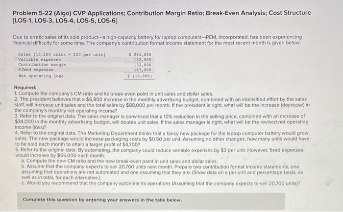 Please help Problem 5-22 (Algo) CVP Applications; Contribution Margin Ratio; Break-Even Analysis;