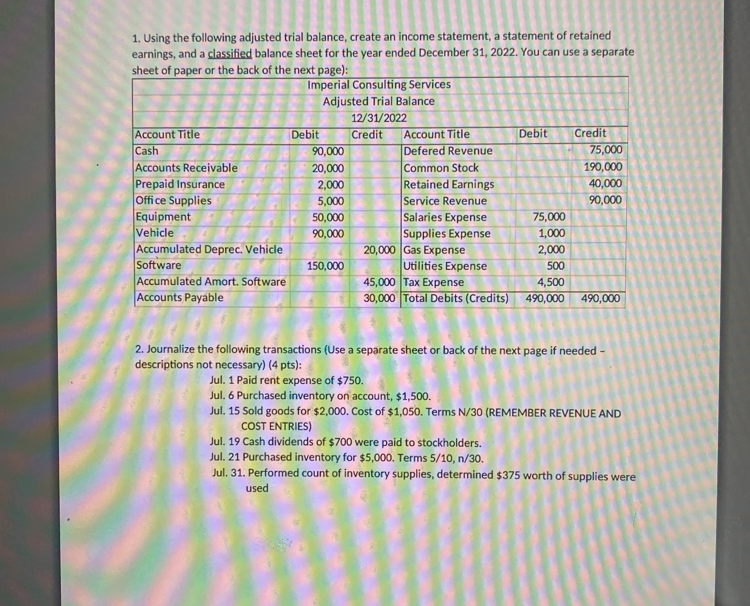  Using the following adjusted trial balance, create an income statement, a
