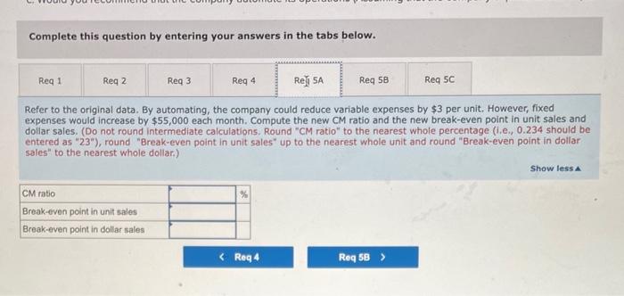 CM ratio and its break-even point in unit sales and dollar sales.