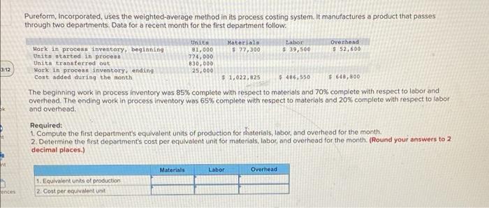 Pureform, Incorporated Pureform, Incorporated, uses the weighted-average method in its process costing