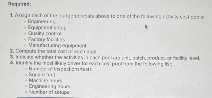 1. Assign each of the budgeted costs above to one of the