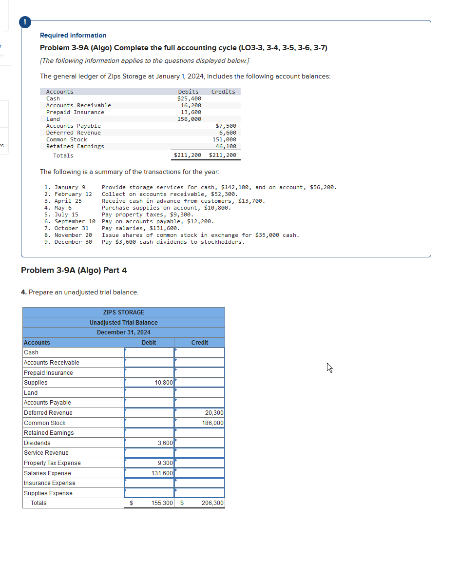 Required information Problem 3-9A (Algo) Complete the full accounting cycle (LO3-3,
