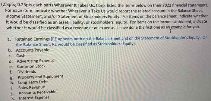please explain it (2.5pts; 0.25pts each part) Wherever it Takes Us, Corp.