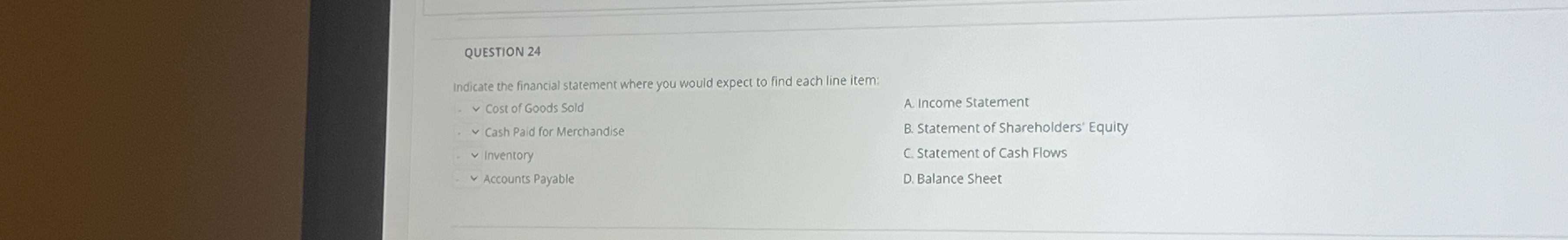  QUESTION 24 Indicate the financial statement where you would expeci to