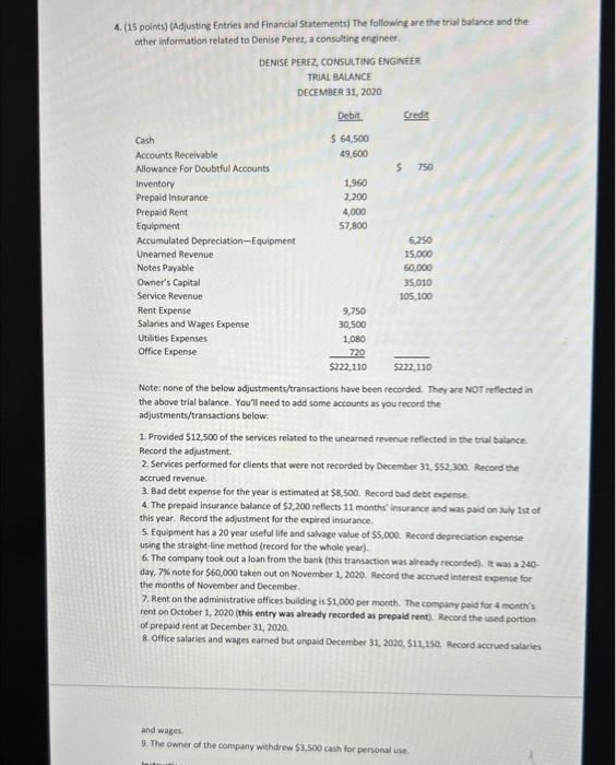 please help! :( 4. (15 points) (Adjusting Entries and Financial Statements) The