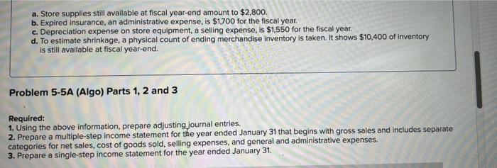 Unadjusted Trial Balance January 31 Cash Merchandise inventory Store supplies Prepaid insurance