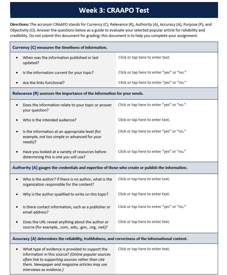 thisWeek 3: CRAAPO Testas a guide to evaluate the popular article you