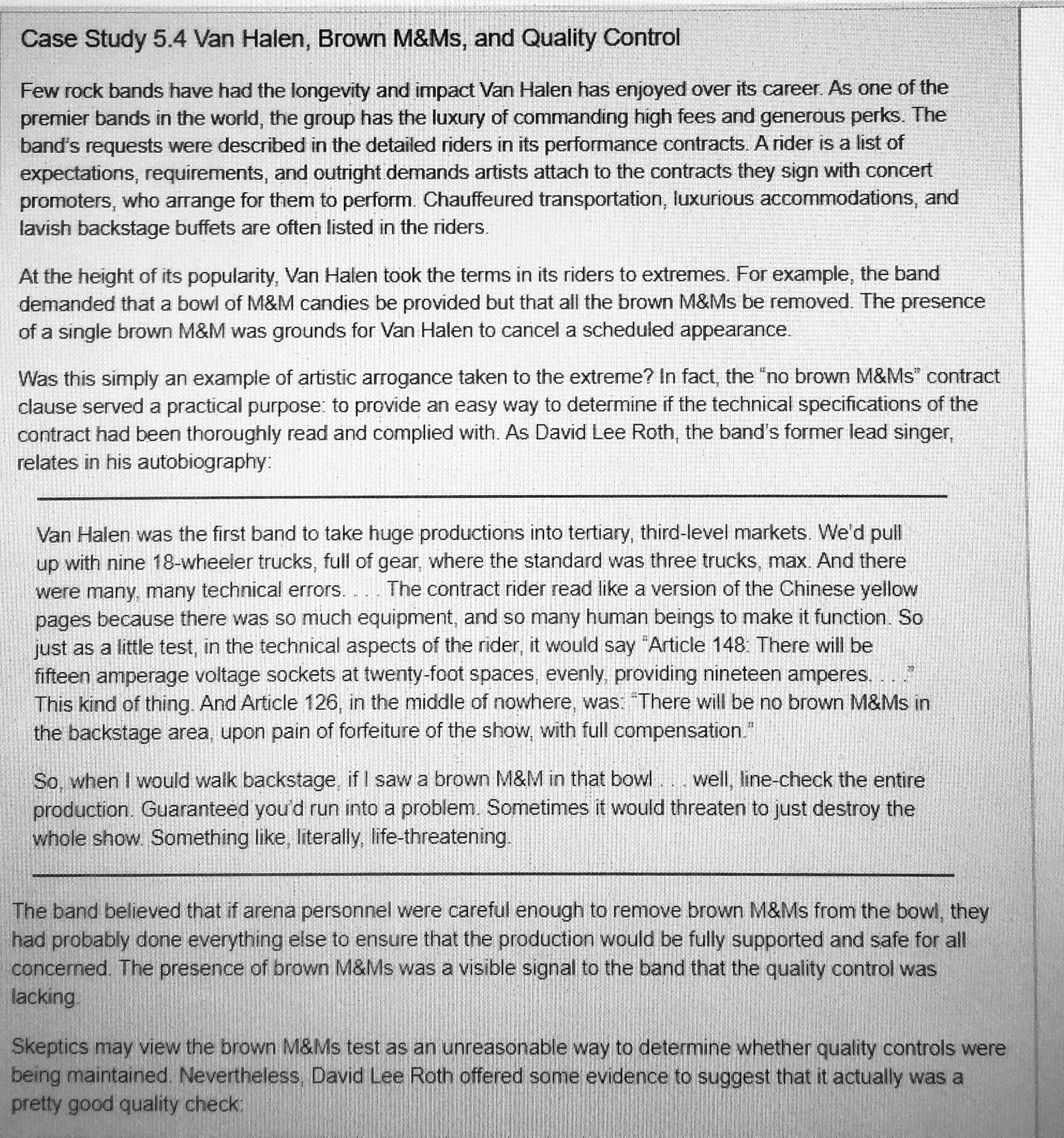 case study questions Case Study 5.4 Van Halen, Brown M&Ms, and Quality