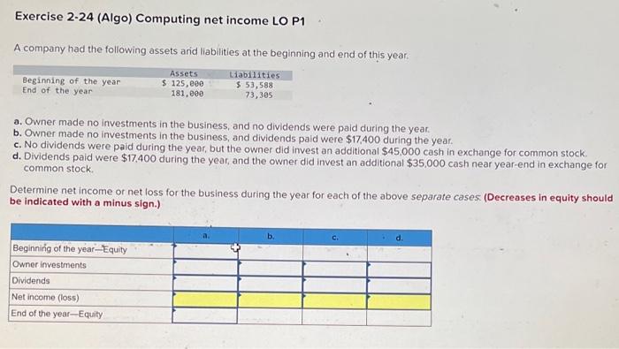 help me fill this out Exercise 2-24 (Algo) Computing net income LO