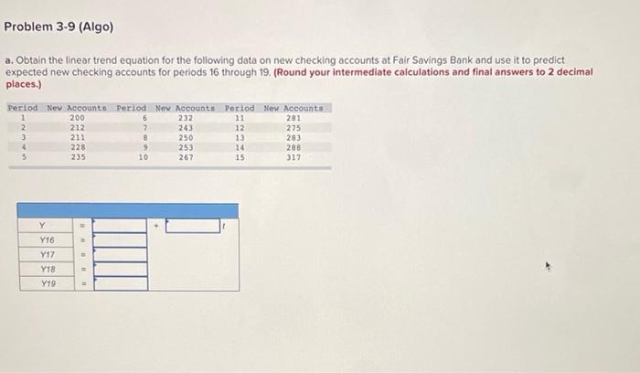 2 diffewnt question. Problem 3-9 (Algo) a. Obtain the linear trend equation