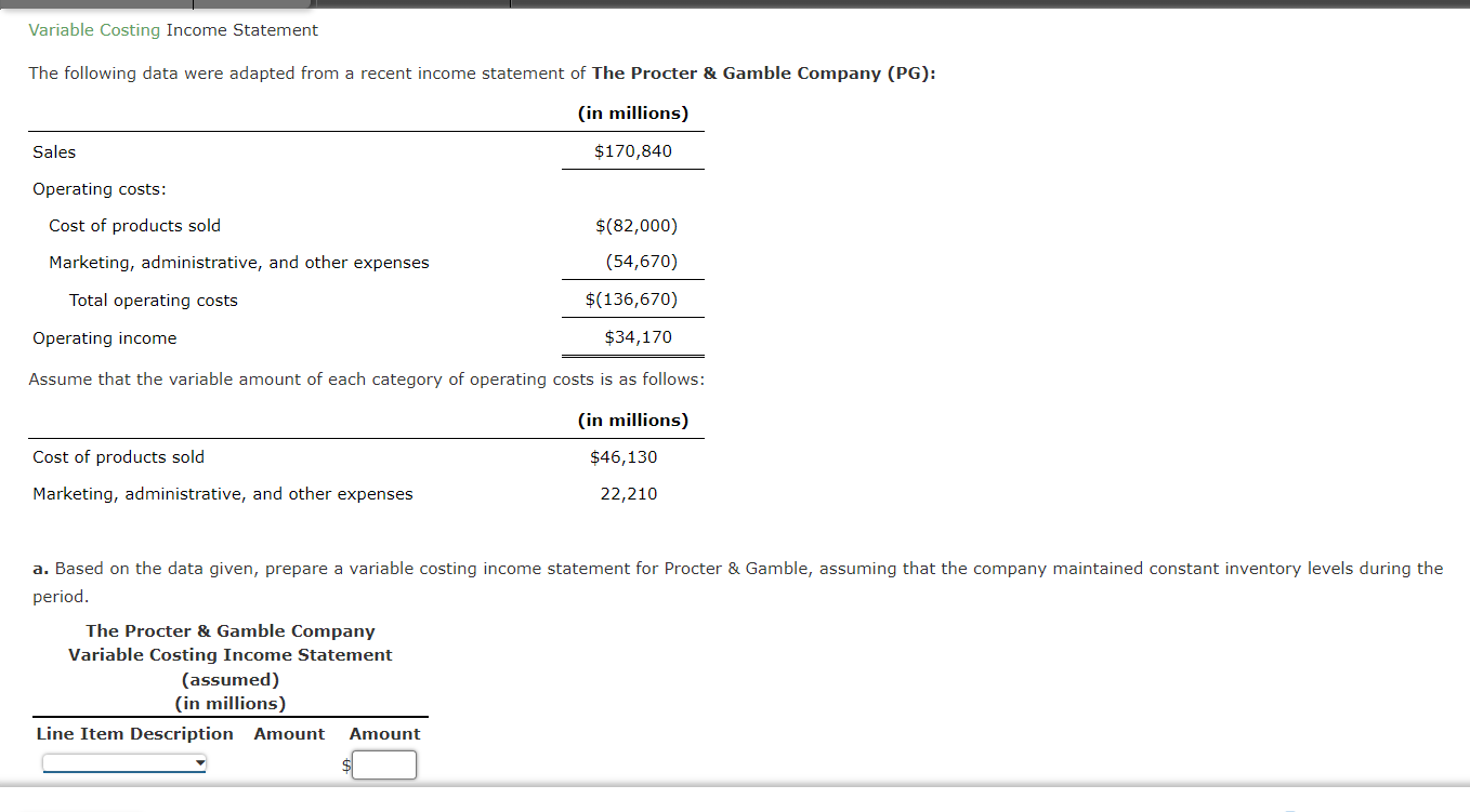 Variable Costing Income Statement The following data were adapted from a