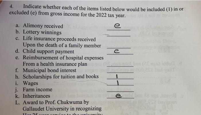  Indicate whether each of the items listed below would be included