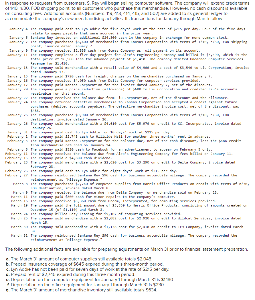 the January through March transactions. 2. Post the journal entries in part