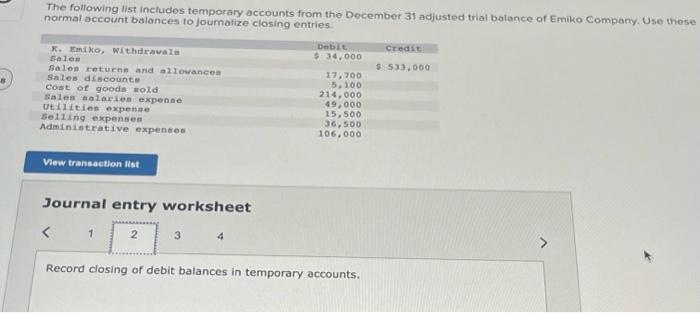 accounts from the December 31 adjusted trial balance of Emiko Company. Use