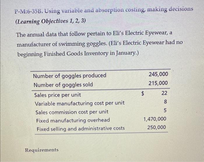  P-M:6-35B. Using variable and absorption costing, making decisions (Learning Objectives 1,