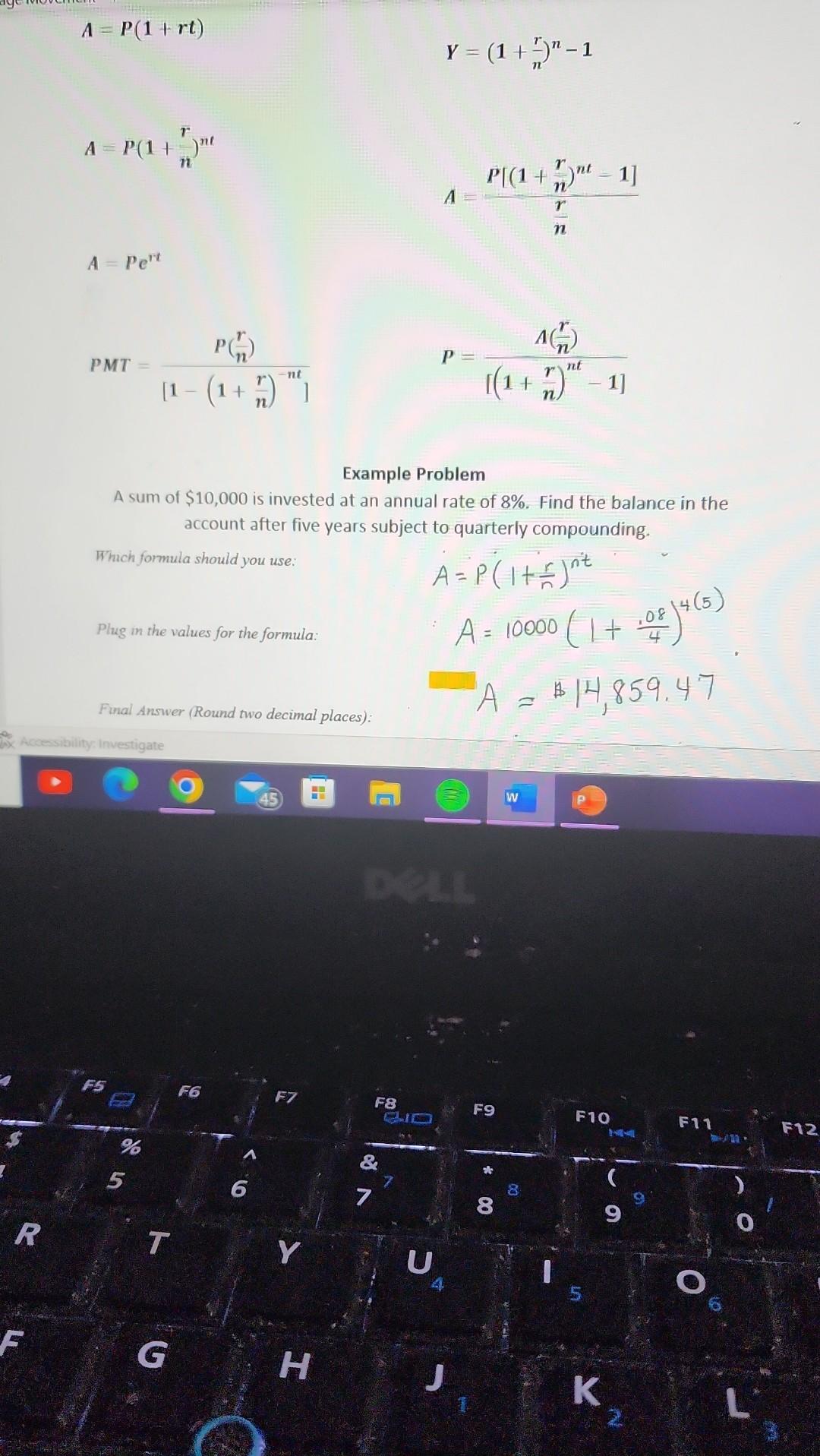 I=PrtP=(1+nr)ntAA=P(1+rt)Y=(1+nr)n1 A=P(1+nr)nt A=nrP[(1+nr)nt1] A=Pert PMT=[1(1+nr)nt]P(nr)P=[(1+nr)nt1]A(nr) A=P(1+rt) Y=(1+nr)n1 A=P(1+nr)nt A=nrP[(1+nr)nt1] A=Pert PMT=[1(1+nr)nt]P(nr)P=[(1+nr)nt1]A(nr) Example