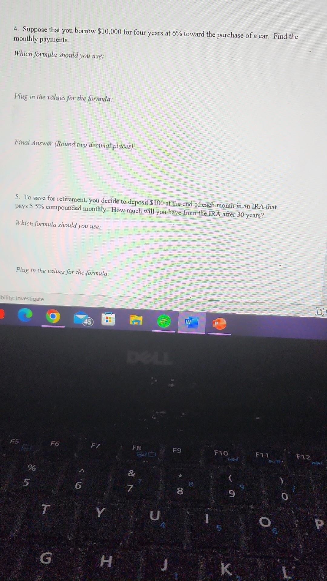 quarterly compounding. Which formula should you use: A=P(1+nr)ntA=10000(1+4.08)4(5)A=$14,859.47 below should be worked