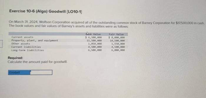 Please help Exercise 10-6 (Algo) Goodwill [LO10-1] On March 31, 2024. Wolfson