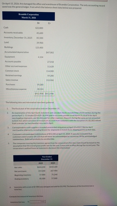  On April 15,2026, fire damaged the office and warehouse of Bramble