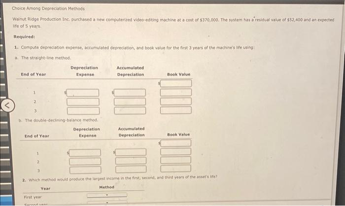 please answer Cholce Among Depreciation Methods Walnut Ridge Production Inc. purchased a